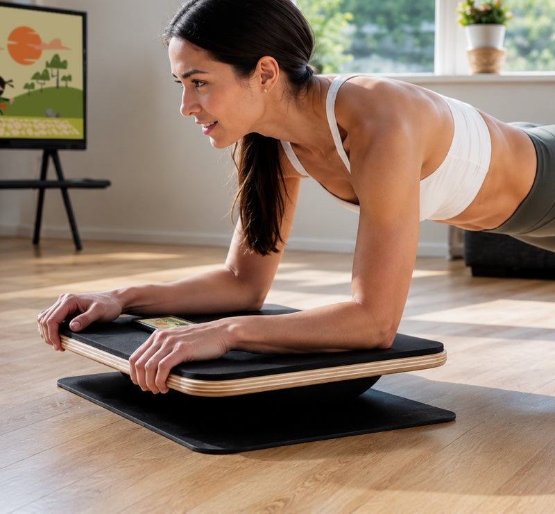 A woman does a plank exercise on a Plankpad balance board in front of a smart TV with a gaming app